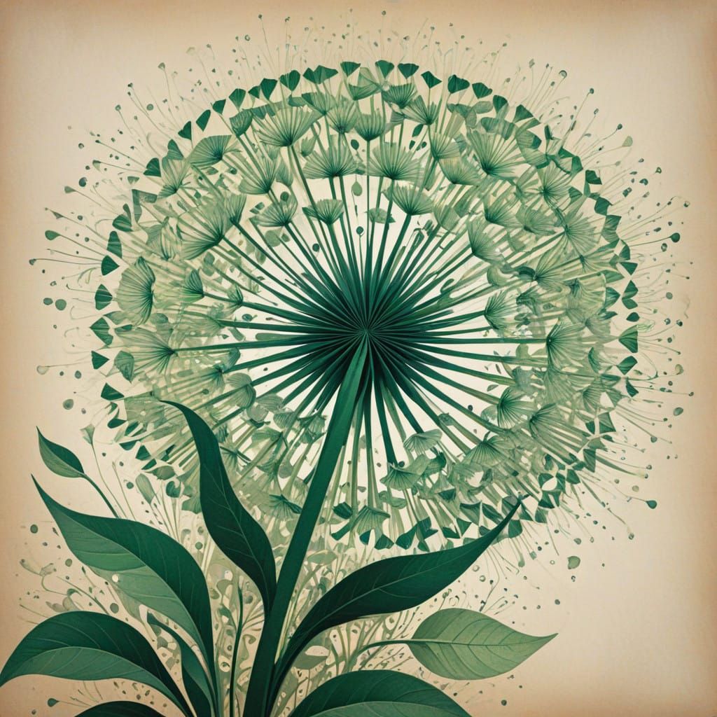 Intricate Green Dandelion Petals on Vintage Parchment