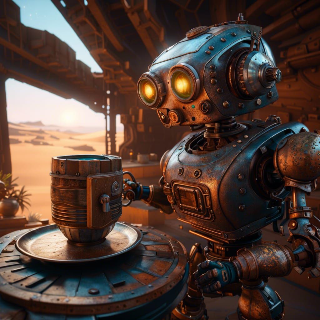 Who else is going to bring you a mug of radiation-cleaned water in a post-apocalyptic desert but your trusty robot helper!?  by @ShuruAI