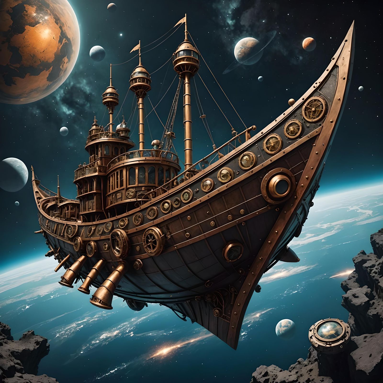 Steampunk Viking boat in outer space  by @Richard D Shute