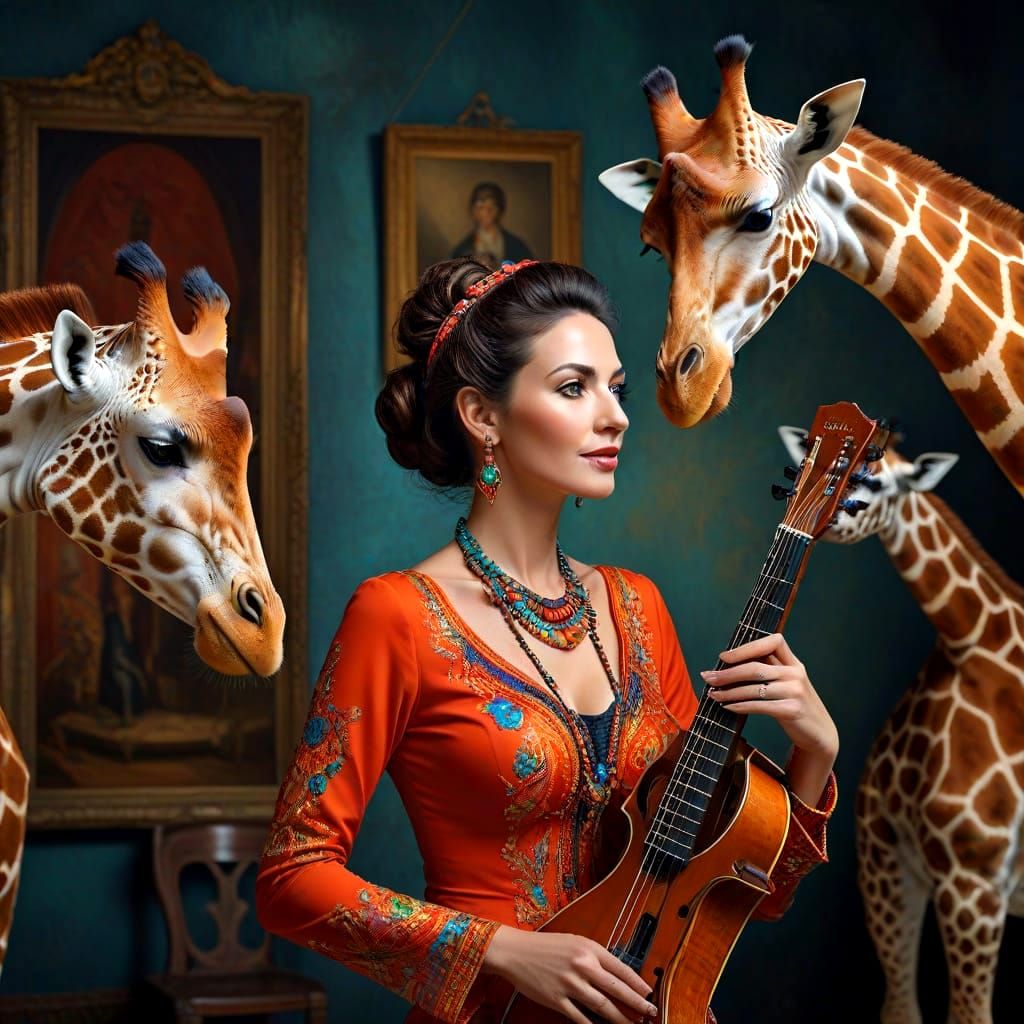 Surrealistic Portrait of a Happy Lady with Musical Instrumen...