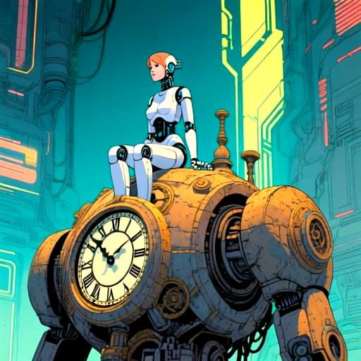 Close up of a solitary figure, a female robot, sits atop a colossal, ancient clockwork automaton in the style of Moebius. Facing the viewer....