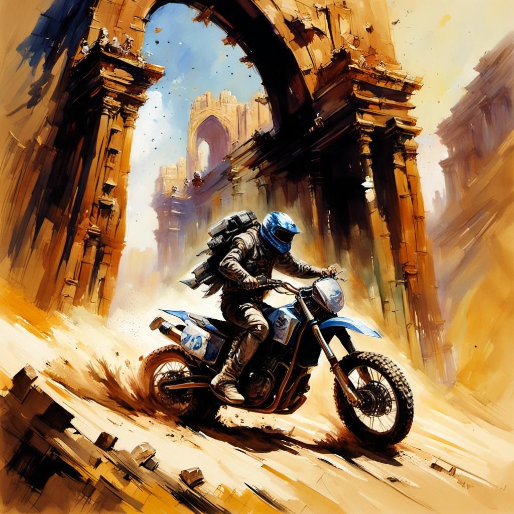 An off-road motorcycle in action doing a berm blast over san...