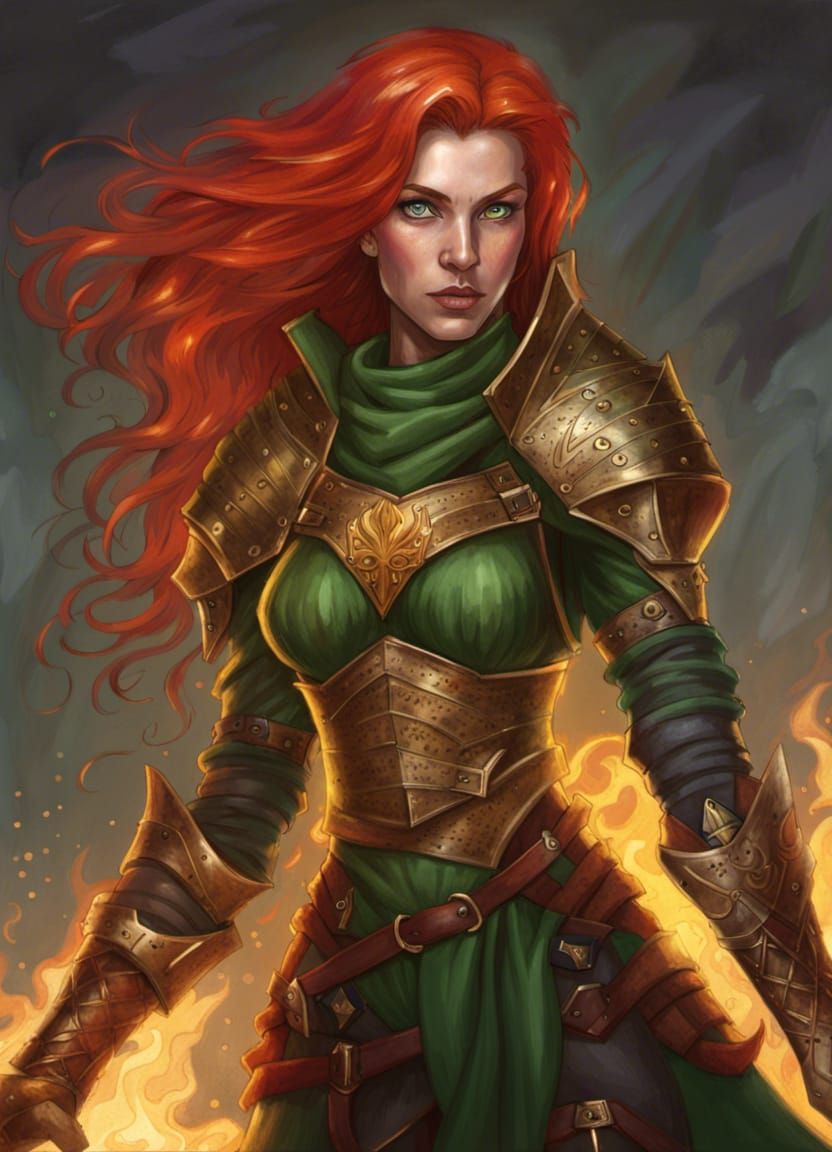 half-elf fire sorceress, dungeons and dragons character portrait, red ...