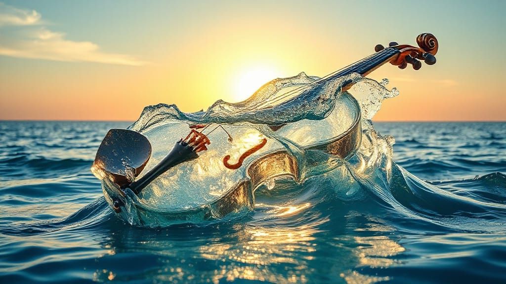 A water creation of a violin created from rippling waves of water.