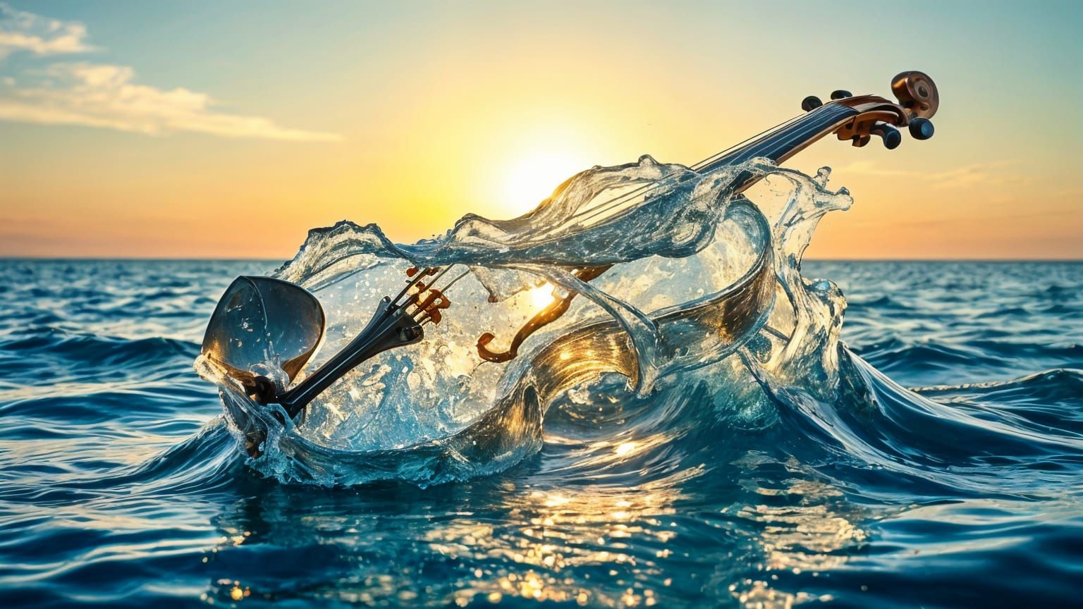 8k, illustration, masterpiece, A water creation of a violin created from rippling waves of water, beautiful ...  by @zRender69