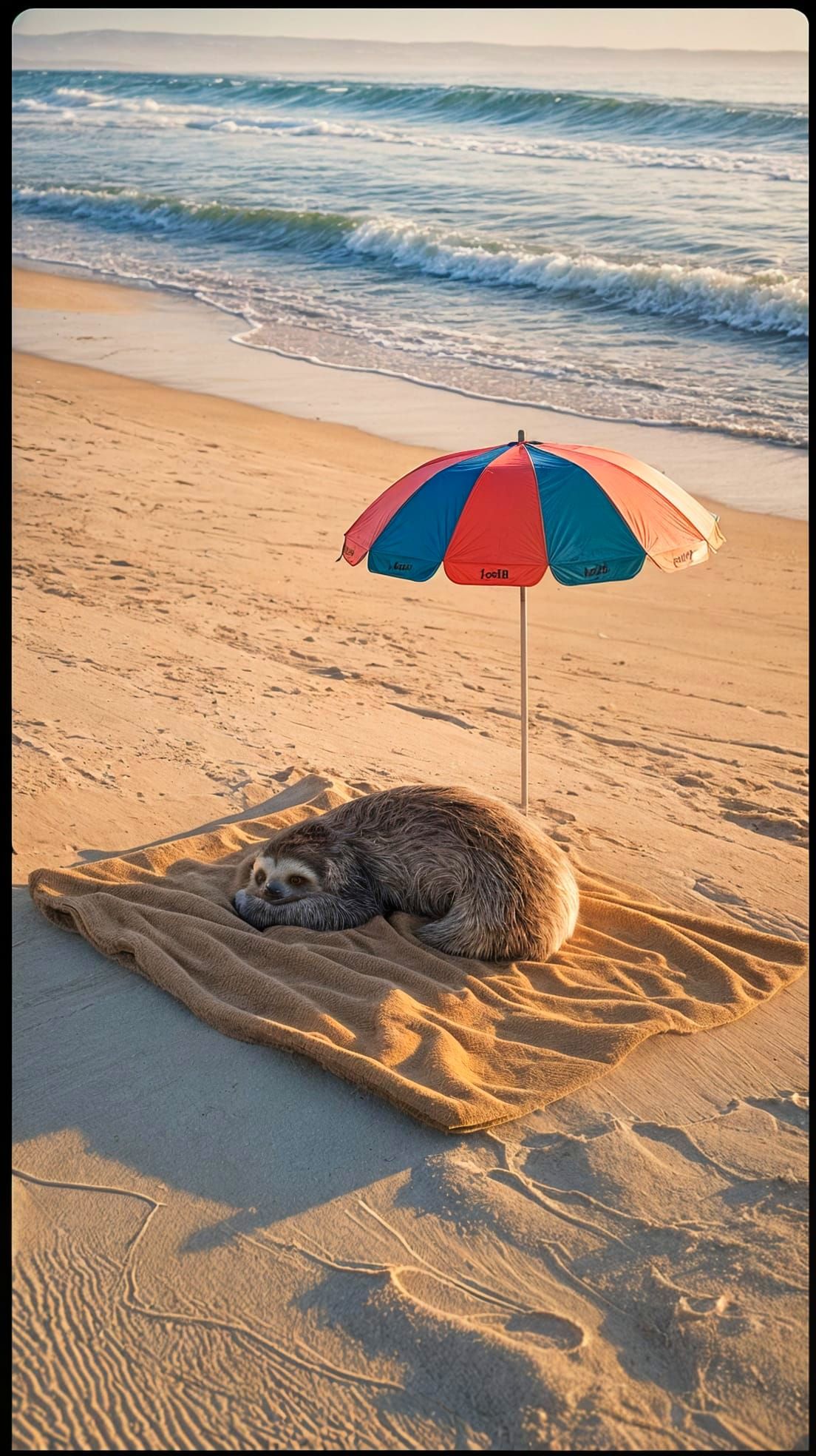 A sleepy sloth laying on a towel on the beach with a sun umbrella next to the towel. glistening white sands with the ocean waves