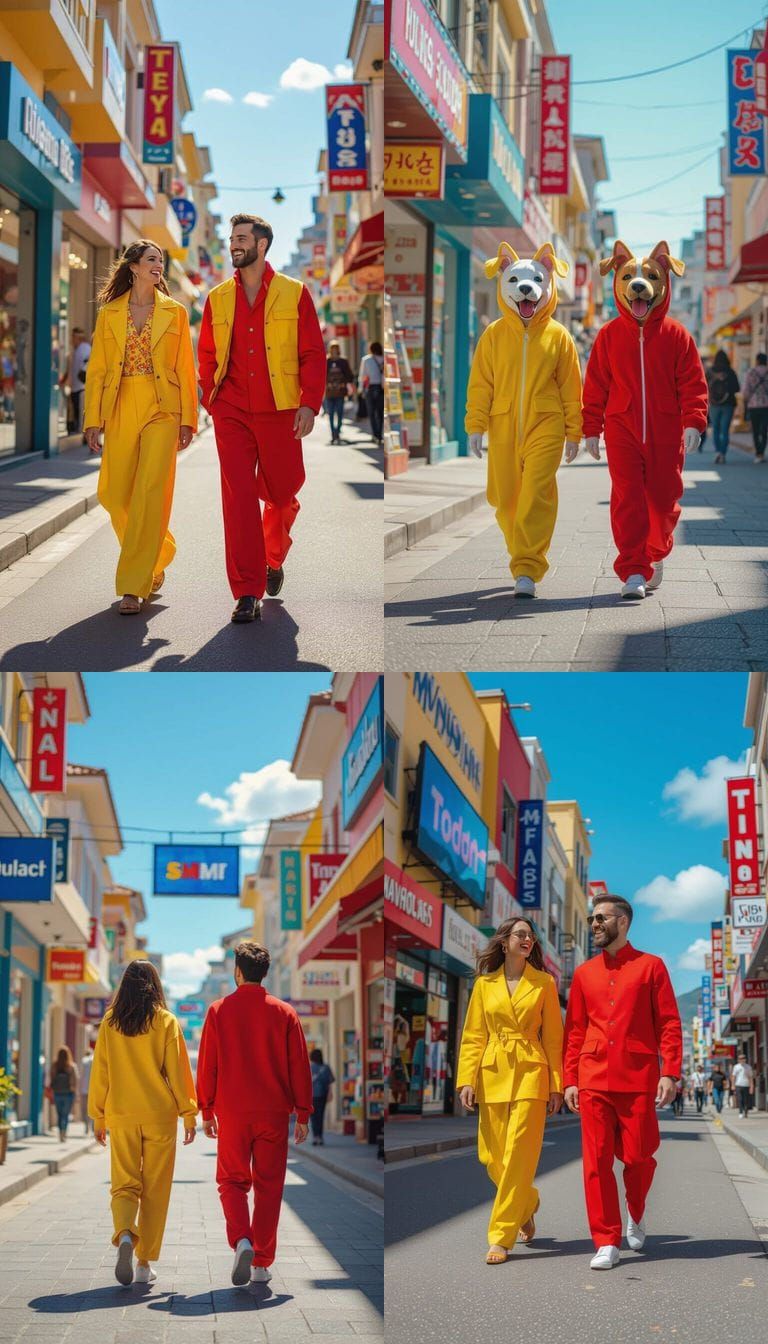 Two Dogs in Yellow and Red Clothes Walk Towards TV Showroom