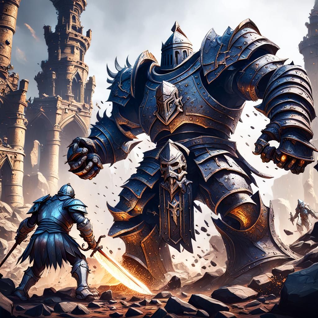 knights fighting huge iron golem - AI Generated Artwork - NightCafe Creator