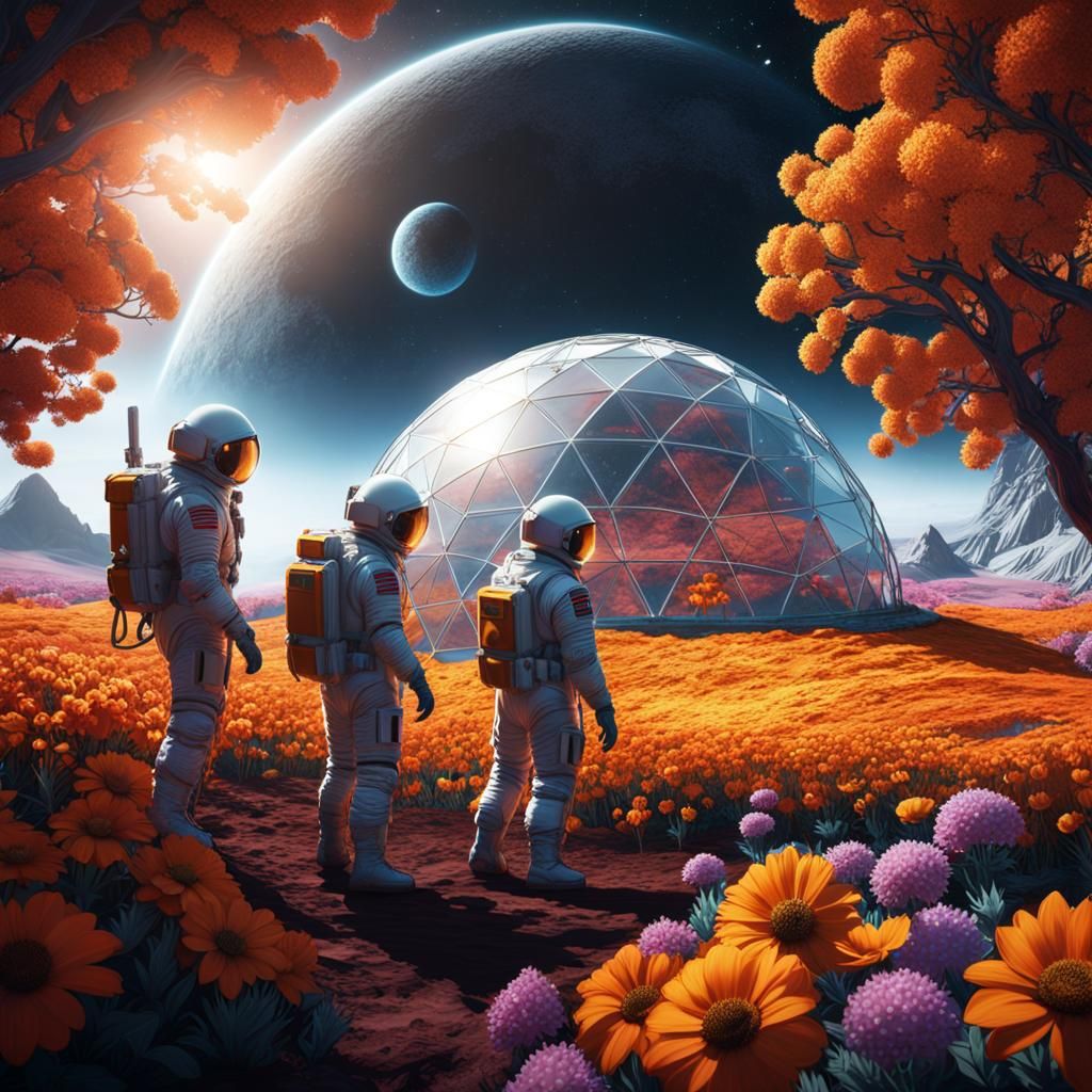 Three men in spacesuits tending to the flowers in a geodesic...