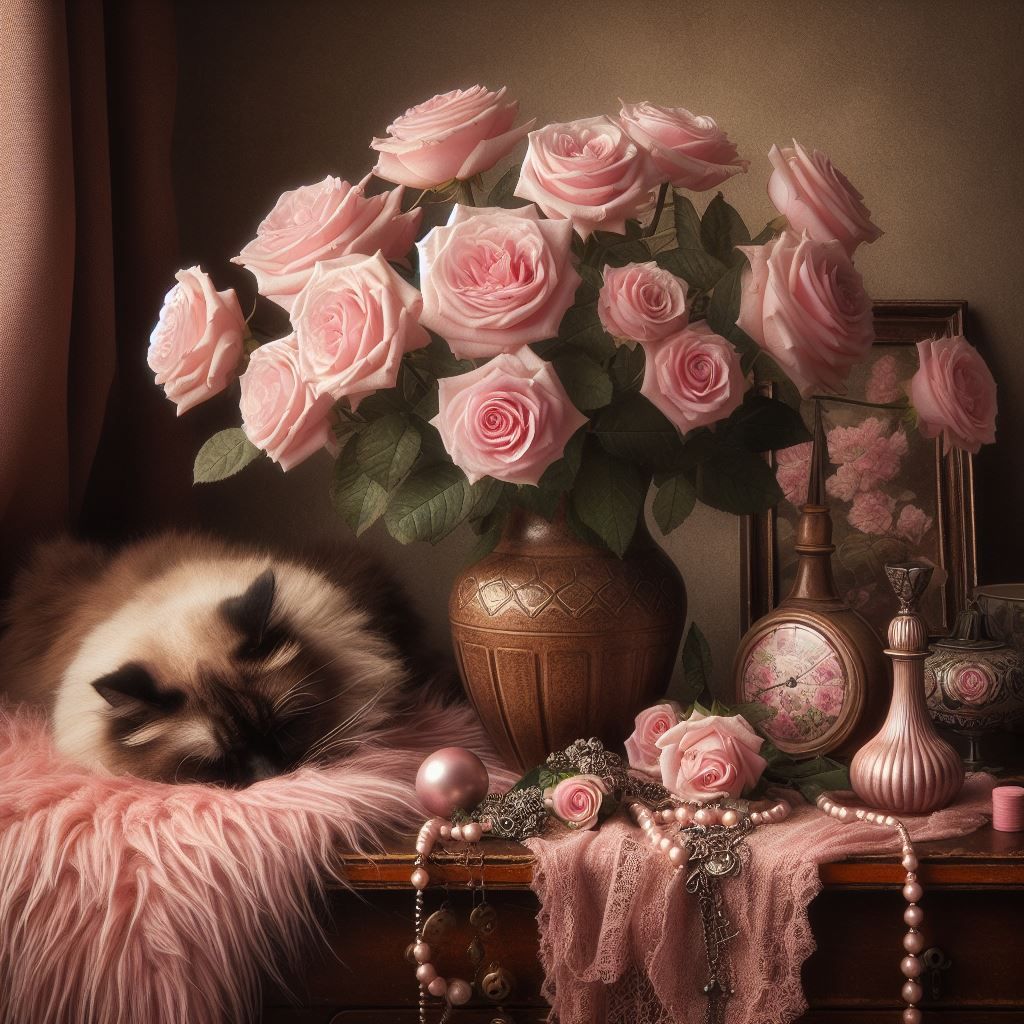 Still life with cat in pink  by @Tina