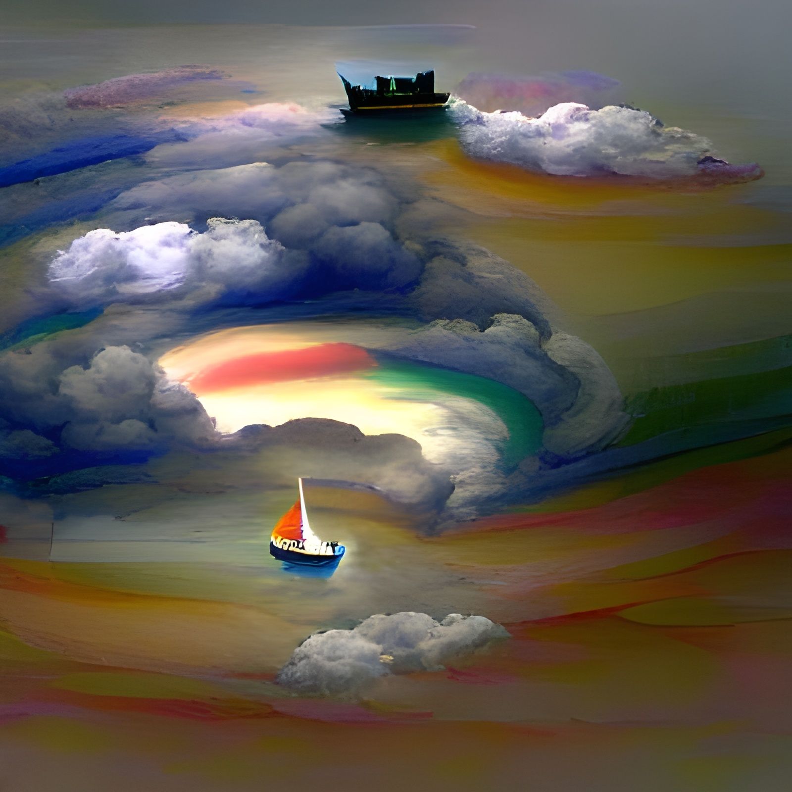 Rainbow over stormy clouds. Boat on sea
