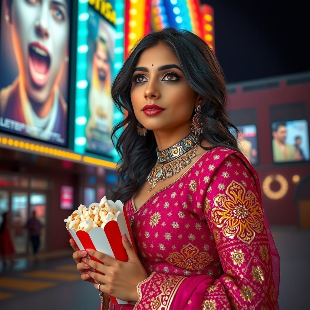 Elegant Bollywood-Inspired Woman Admires Movie Posters in Hy...