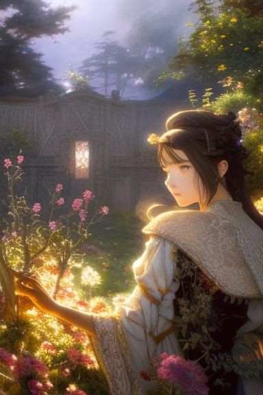 Fire Mage Portrait in Anime Style Garden