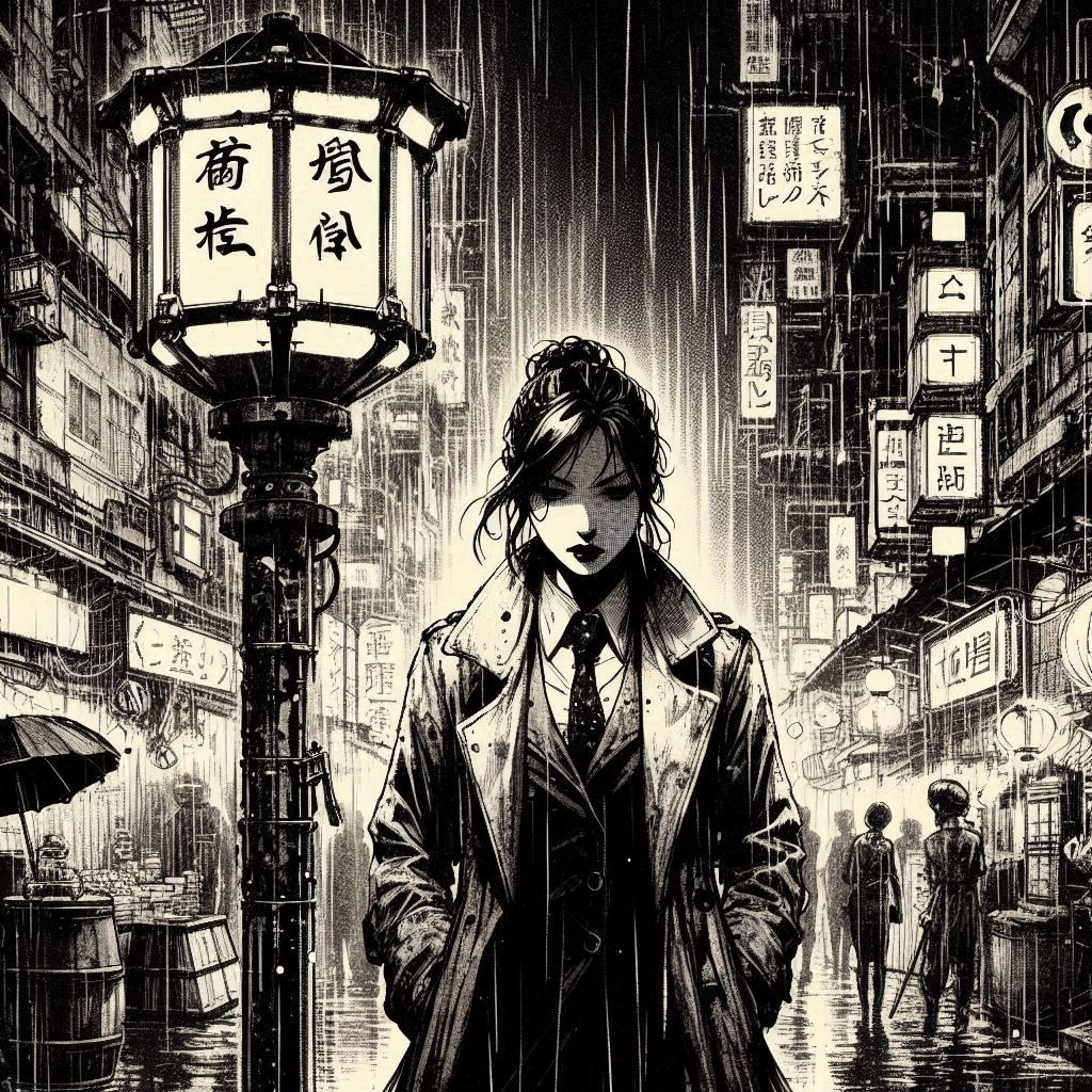Neo-Shanghai detective on a rainy day, japanese style