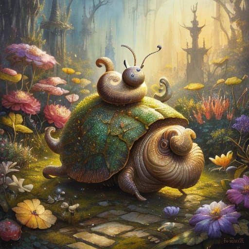 A cute chibi snail on an adventure in a garden 
