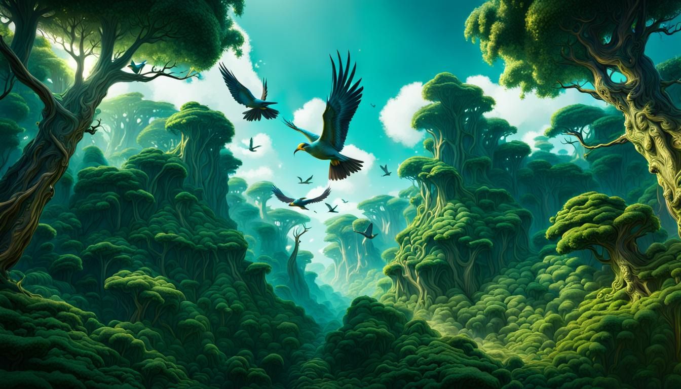 Birds Flying in the Sky Above a Lush Forest  by @Wisa Kejak