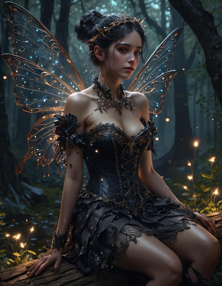 A dark fantasy fairy wearing an ornate corset, wings have intricate designs with a gothic styling, sitting ...  by @Salty Seaphin