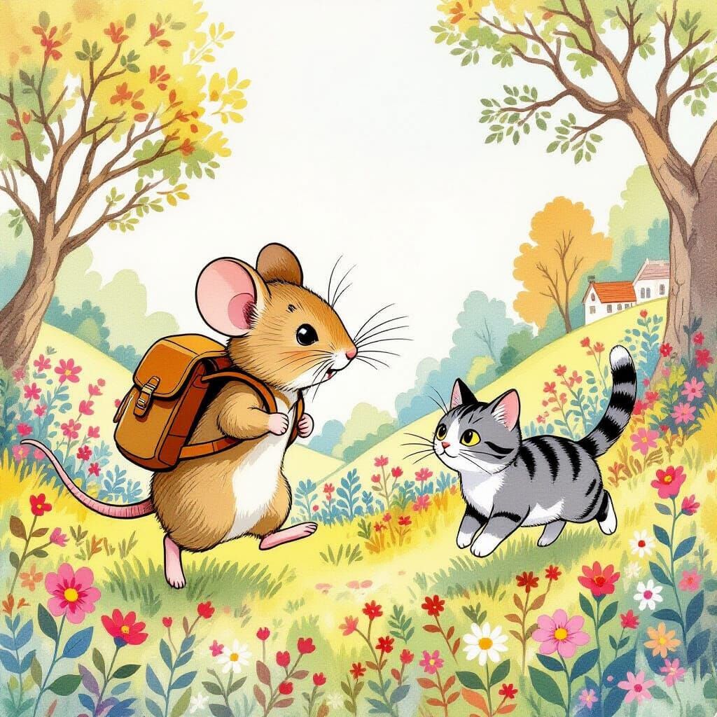 Mouse and Cat in Whimsical Watercolor Landscape