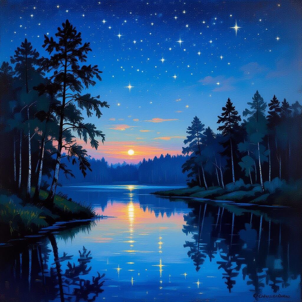 Night Forest River Reflecting Starry Sky