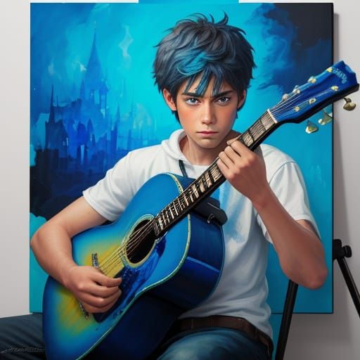 Boy Plays Guitar Smeared with Oil Paints Under Dynamic Light...