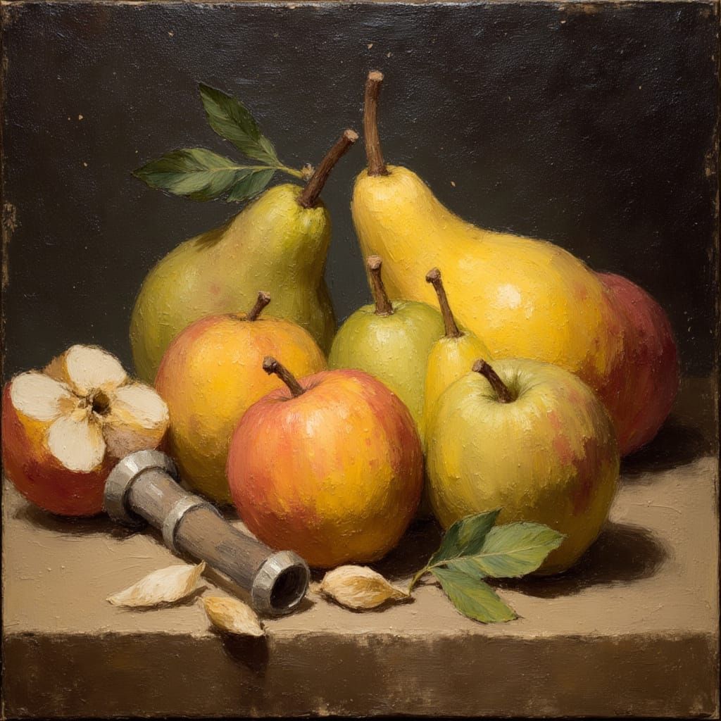 Still life, apples and pears <lora:Earth and old pastel:1.0>
