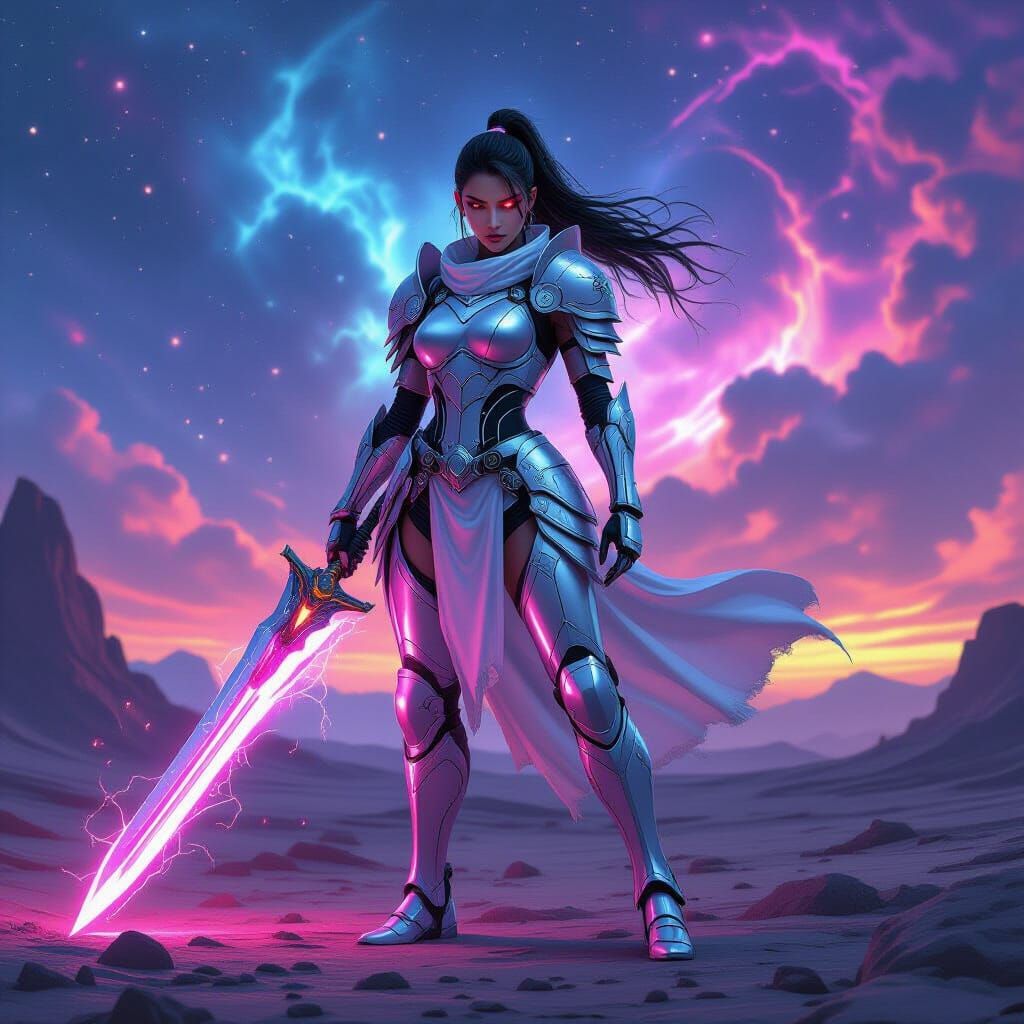 A powerful female warrior with cybernetic enhancements, clad in gleaming silver armor, stands defiantly on a desolate alien planet. She wiel...