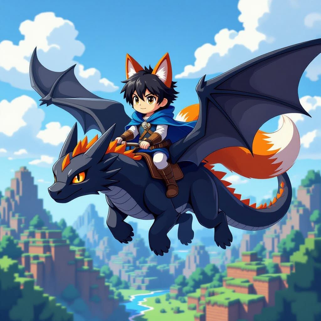 Boy Riding Dragon Over Minecraft Landscape