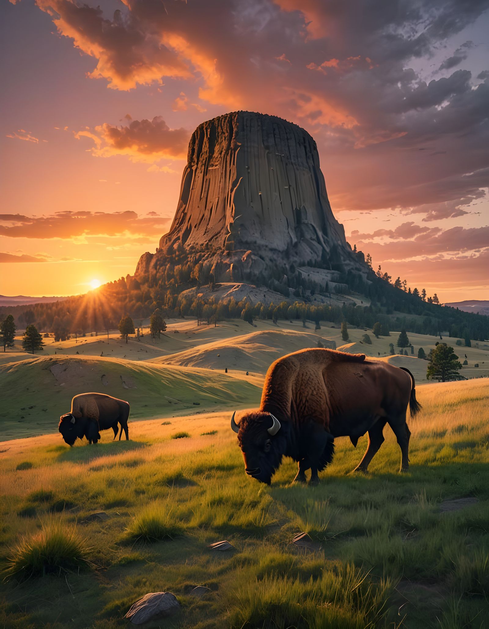 background shows the devils tower monument in Wyoming bison ...