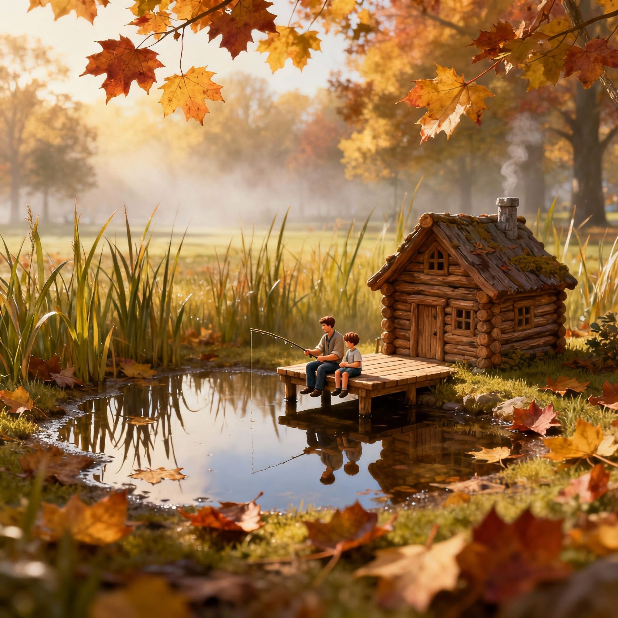 A whimsical miniature autumnal scene set in a life-sized park. A tiny handcrafted log cabin and miniature wooden dock sit beside the edge of...