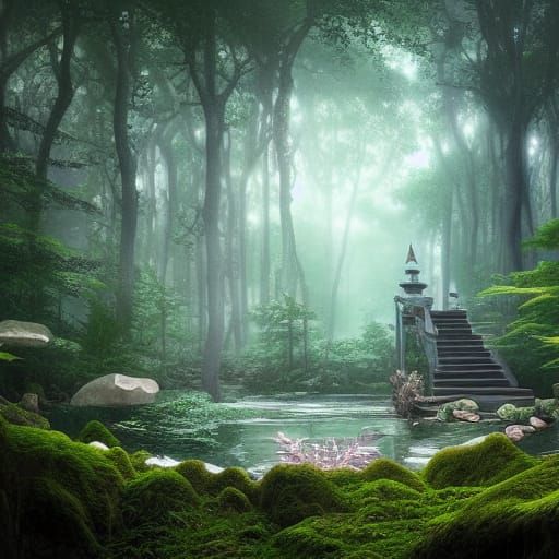 a magical crystal floating on a shrine in the forest