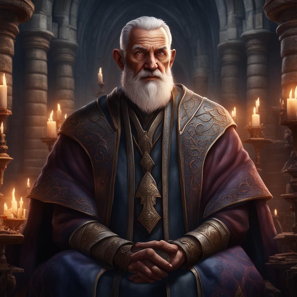 Portrait of old dnd priest. Kind looking. Human. Wearing robes and no ...