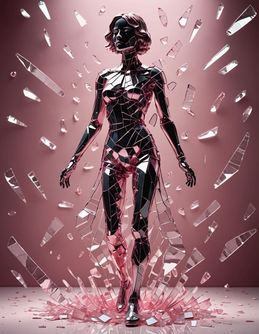 Glass Woman made entirely out of broken seethrough glass. Her legs are broken and shattered. Broken glass around her. Pink sunbeams backgrou...