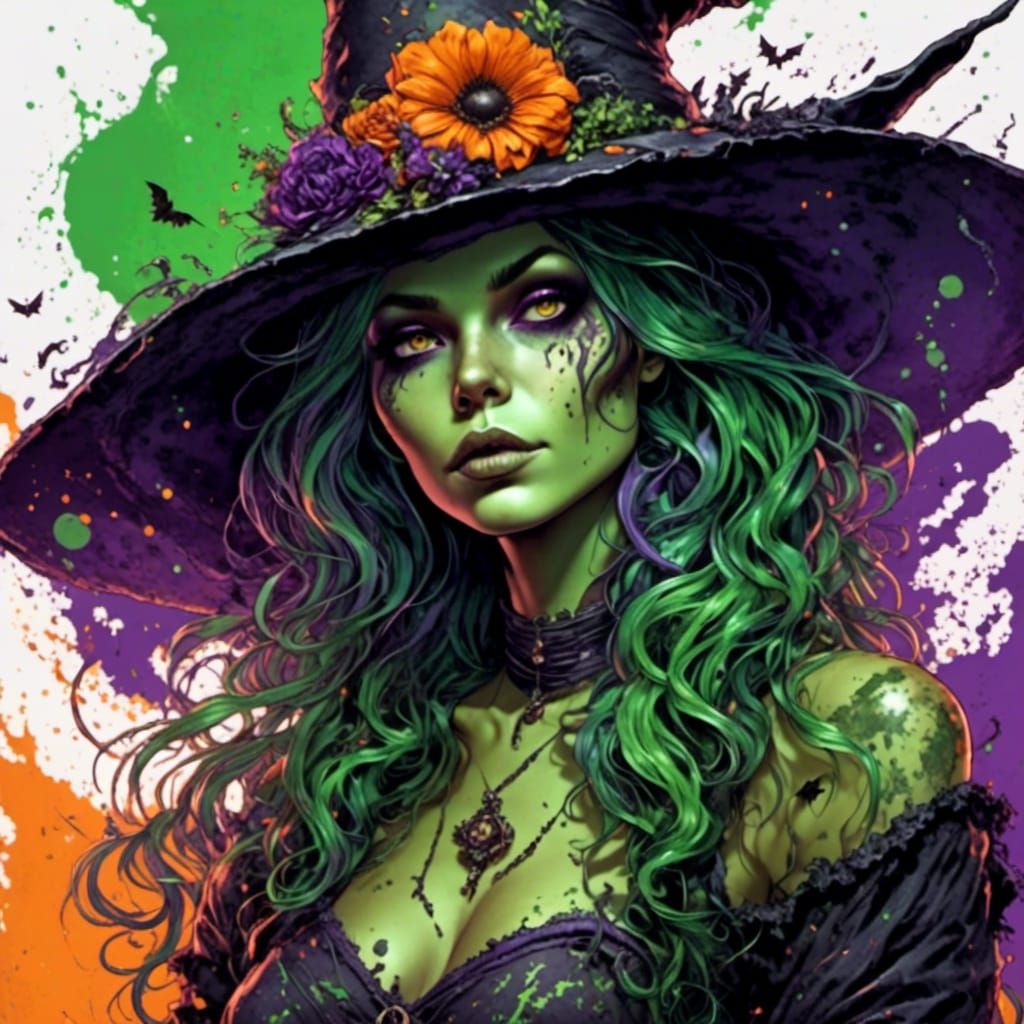 Halloween Witch Portrait with Ink Stains