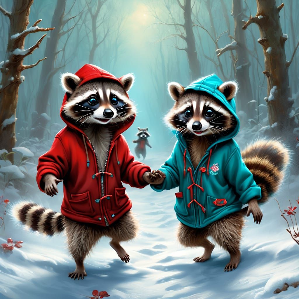 Raccoons are holding front paws while skipping