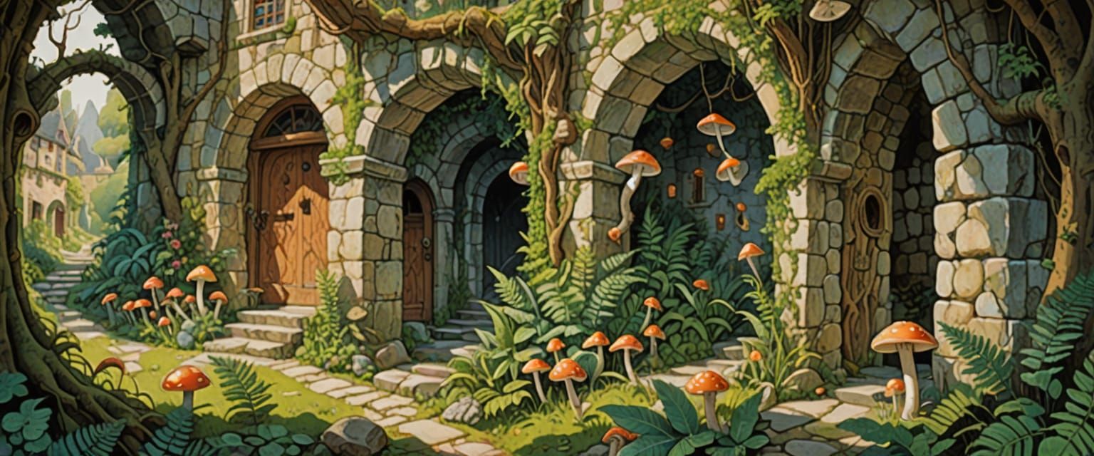 quaint naive scene, serene smiling spiritual faces in everything, mysterious passageways, faces in stone walls, arches, ferns, comic book st...