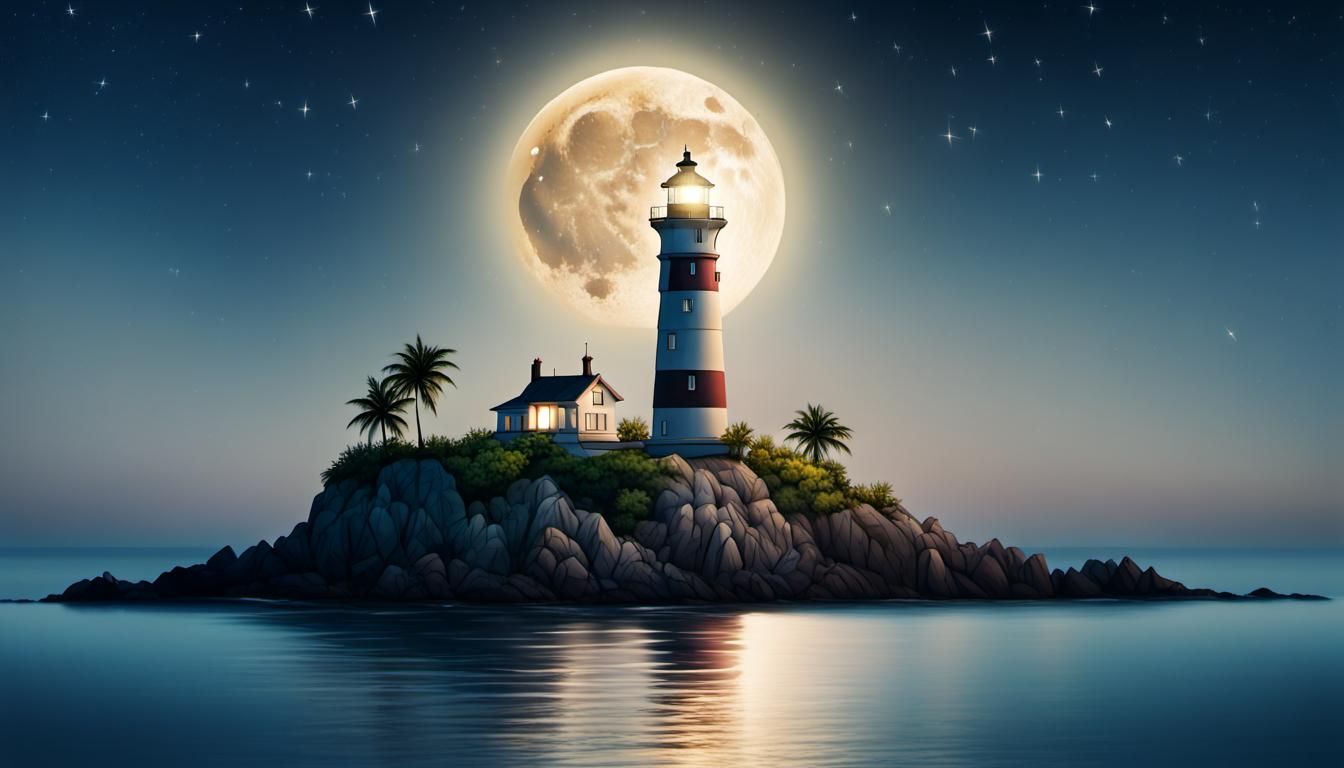 lighthouse on small island in middle of ocean calm seas as n...