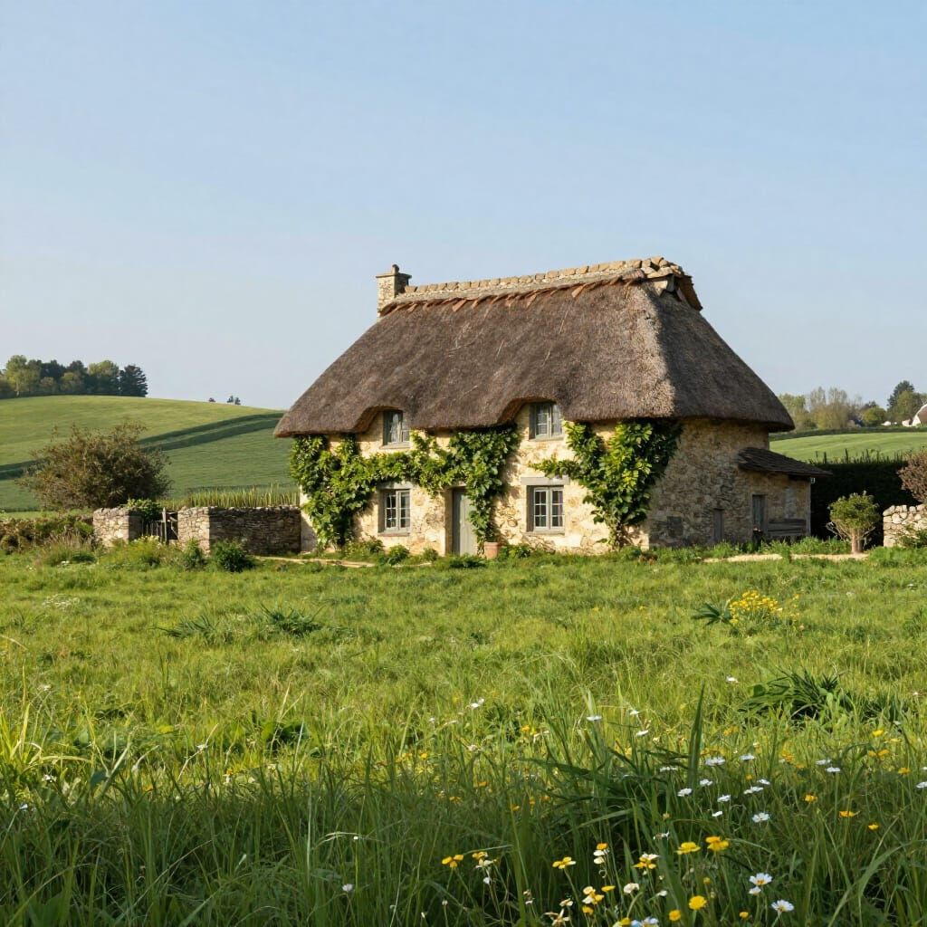 Idyllic Pastoral Landscape with Ancient Rustic House