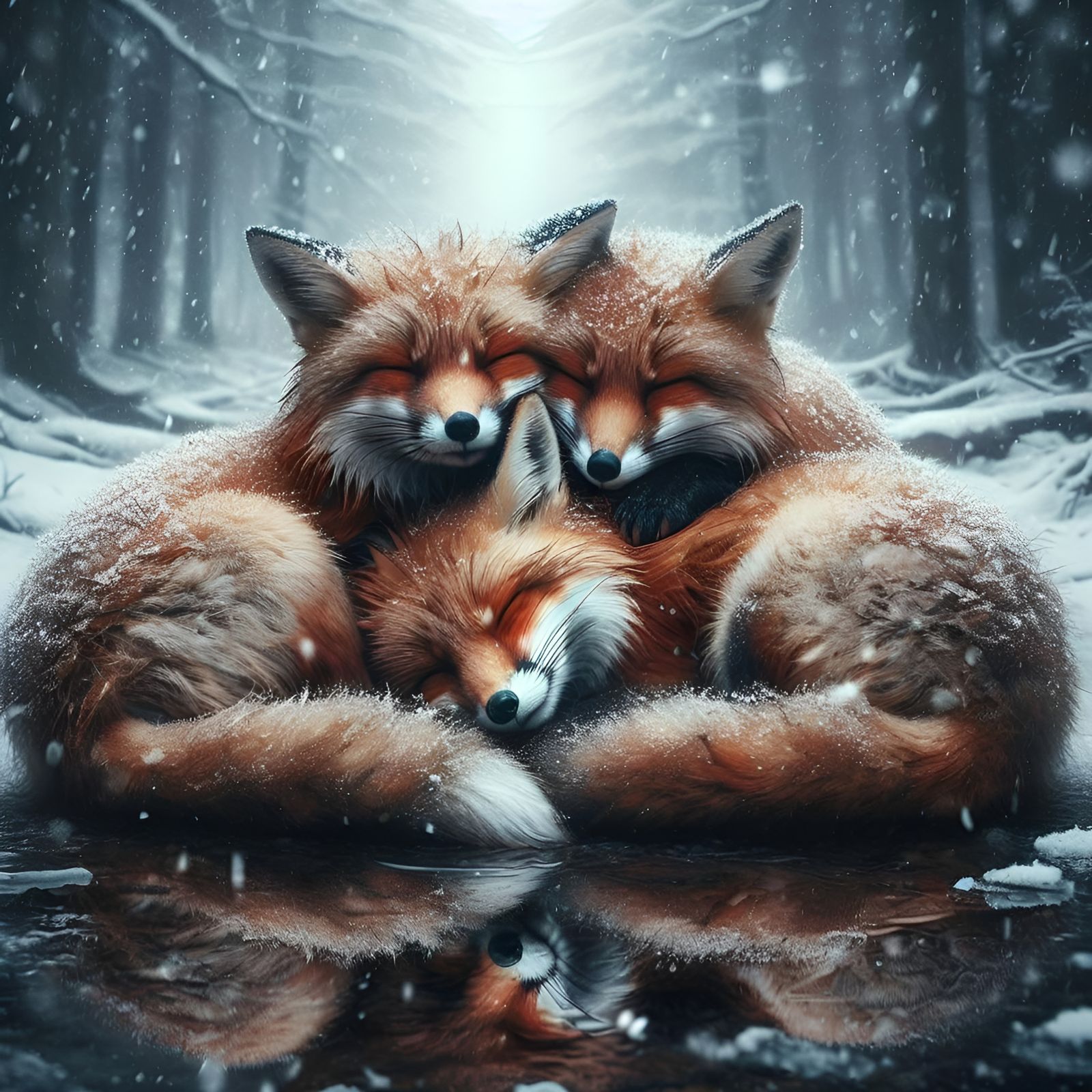 Foxes Snuggling in the Winter  by @Rosie