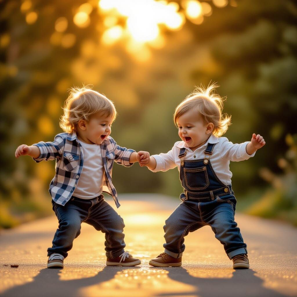 Adorable Toddlers Performing Playful Stunts in Golden Glow