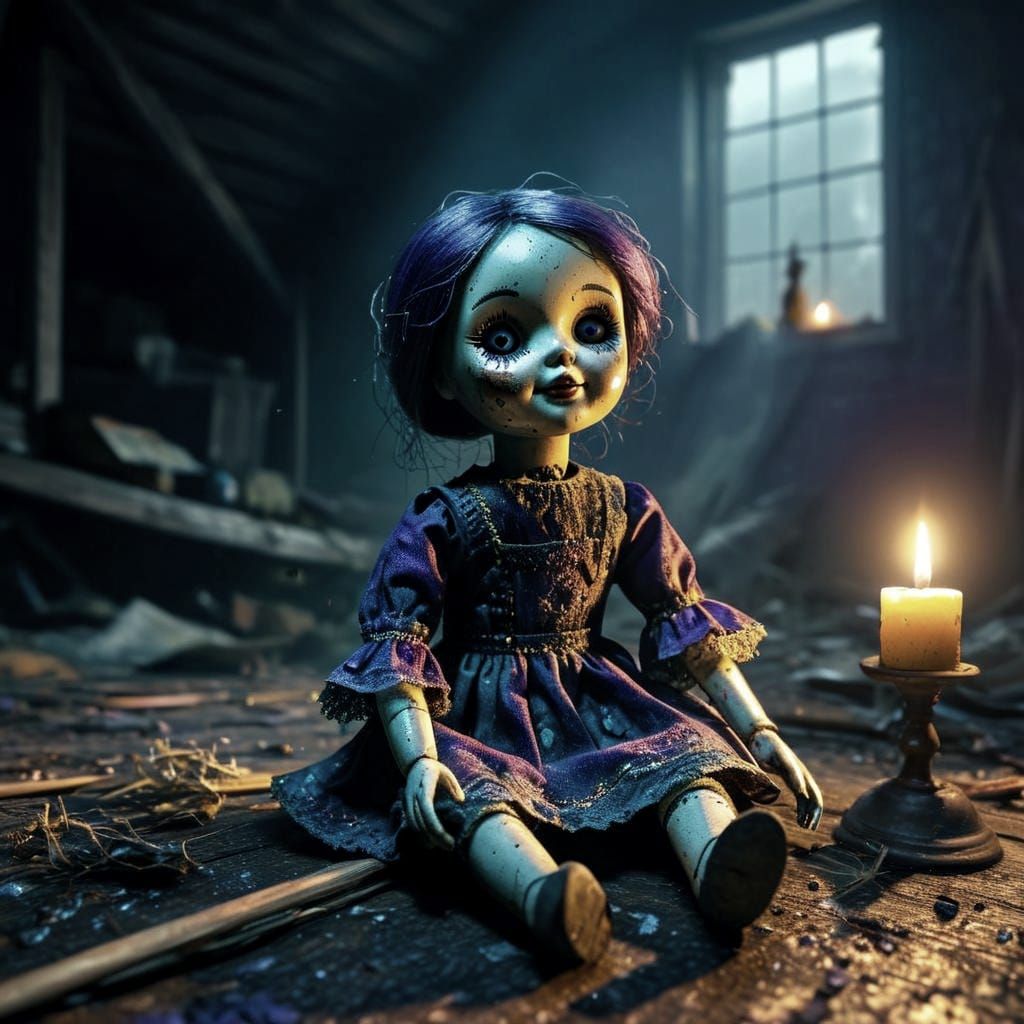 An old raggedy doll in a creepy dark attic. 