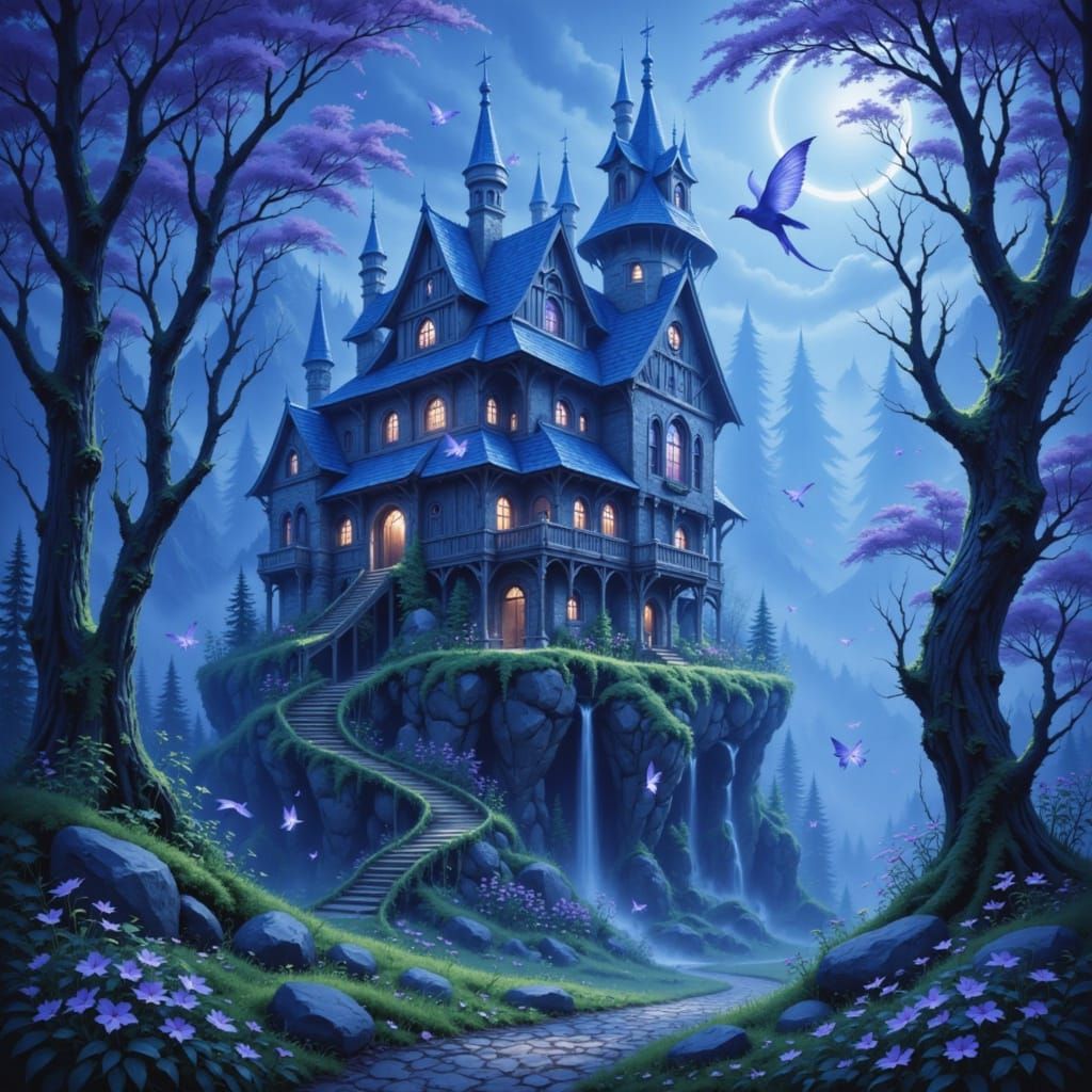 Castle of the fairy blue bird in hidden mist lands of blue violet media forgotten <lora:Korfaesu:1.0>