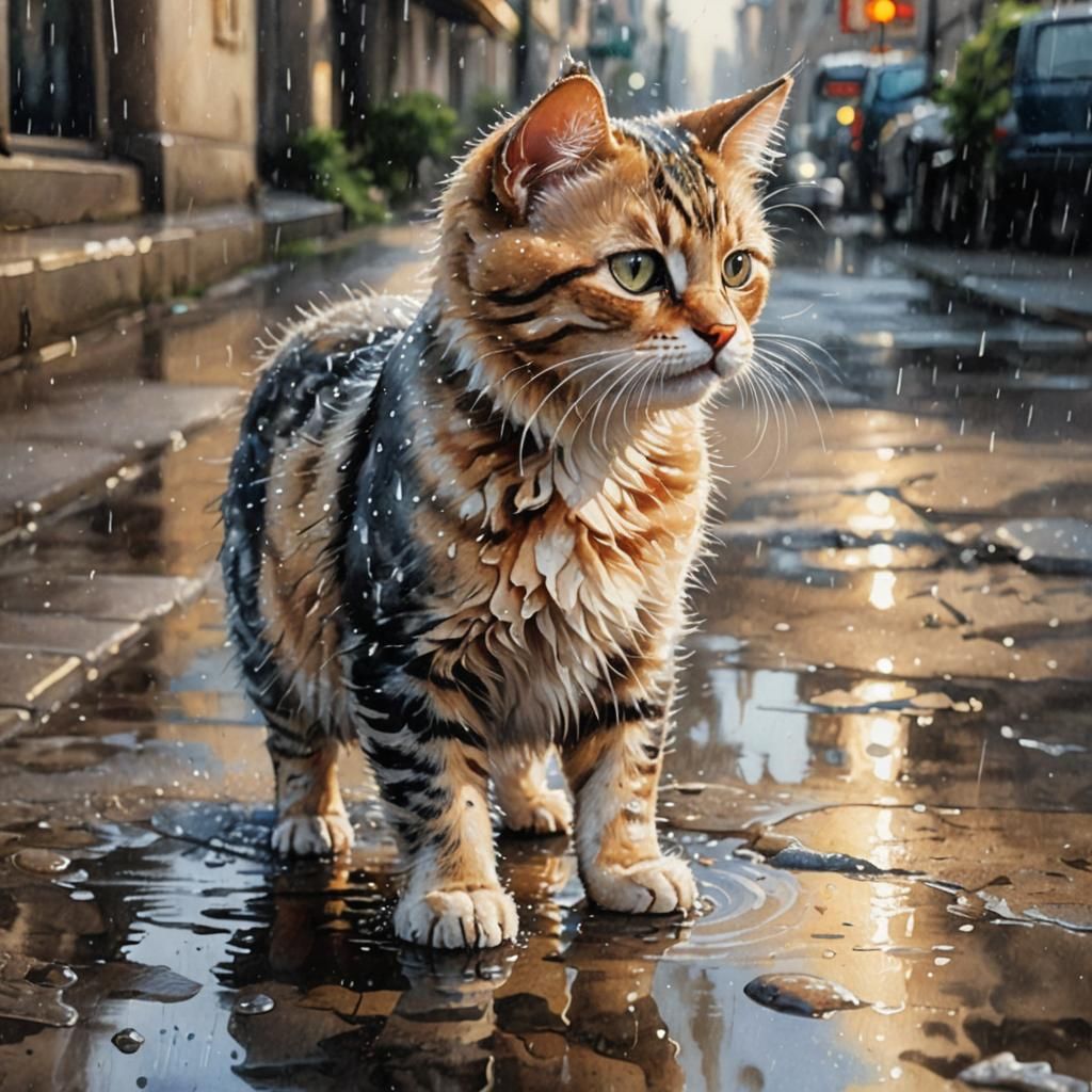 Watercolor painting of a cat in the rain, a photorealistic p...