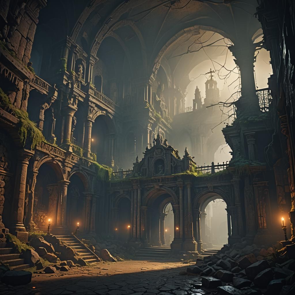 Catacomb, in dimlight, foggy, surreal, misty... 