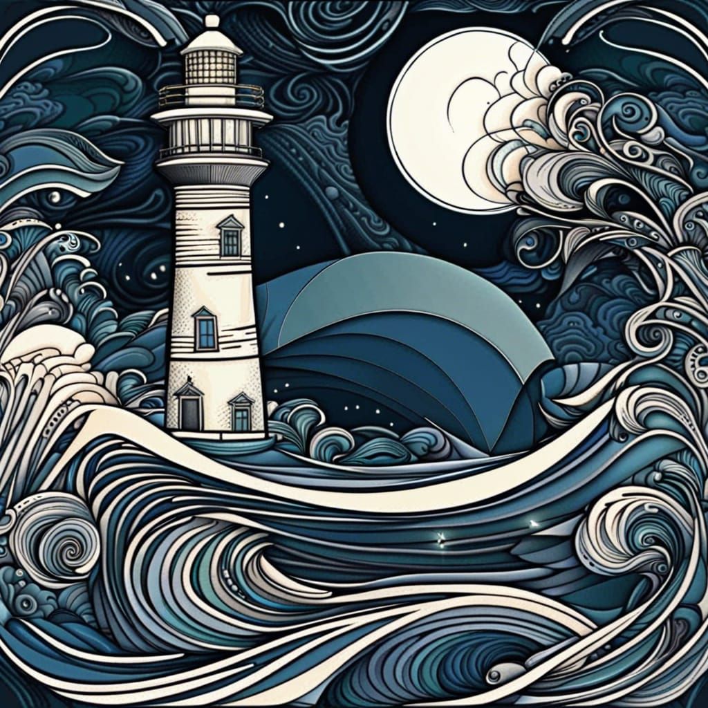 lighthouse, crescent moon, ocean, night, art nouveau