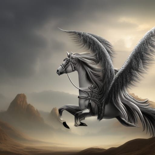 Winged steed with shimmering silver feathers.