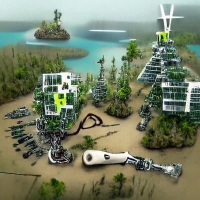 a post apocalyptic island with a lot of trees and renewable energy system managed by robots