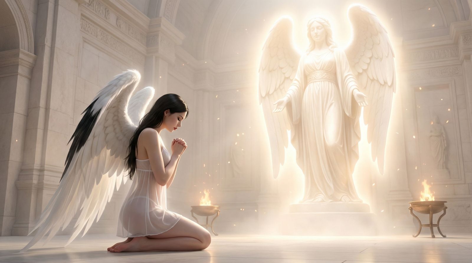 Selenia praying before a angel-goddess statue