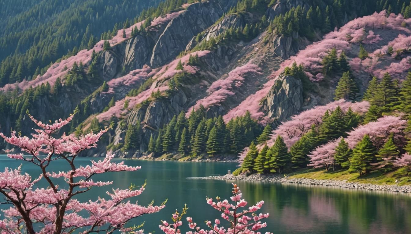 🌿 The lakeshore is adorned with Japanese Cherry Trees, pink...