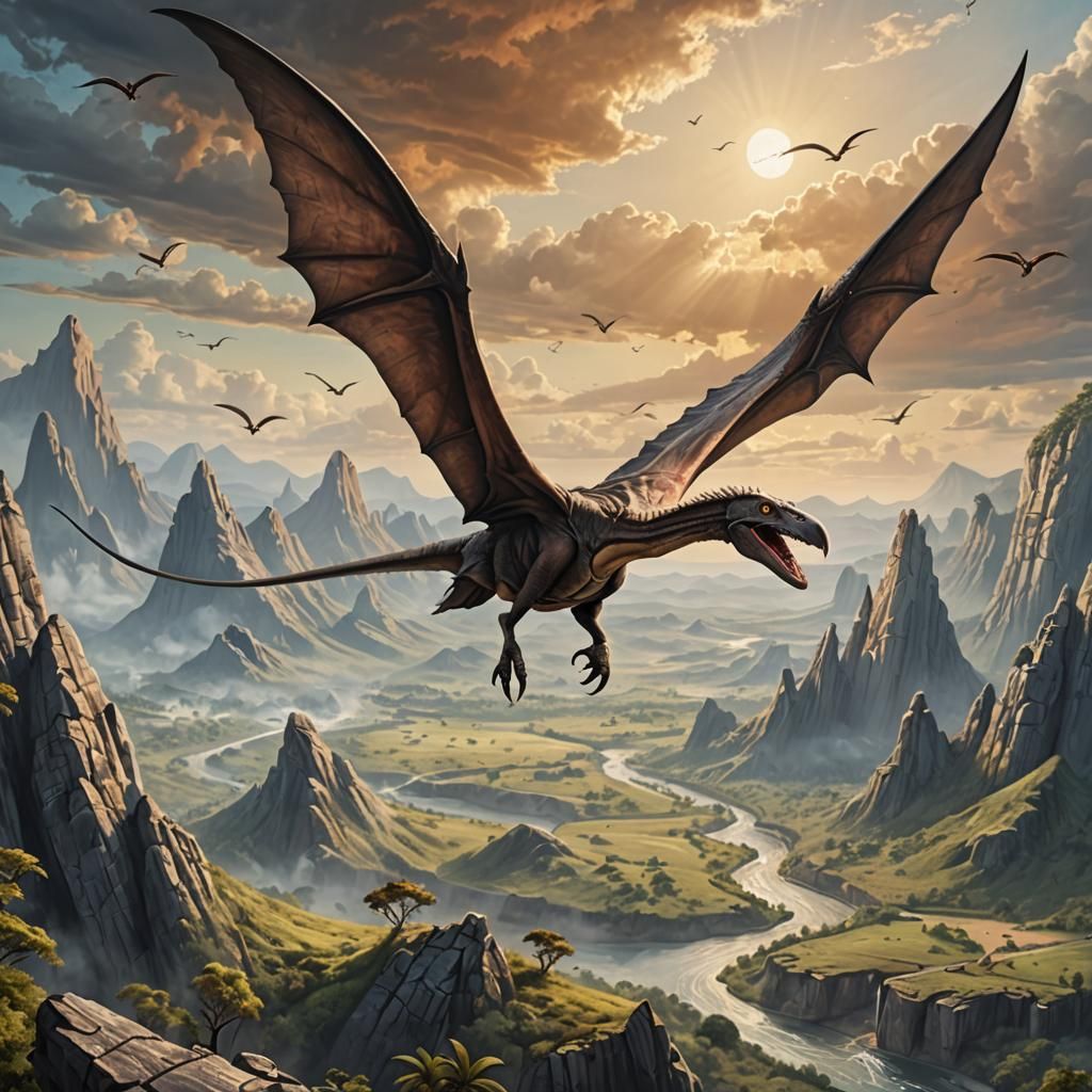 A soaring prehistoric pterodactyl