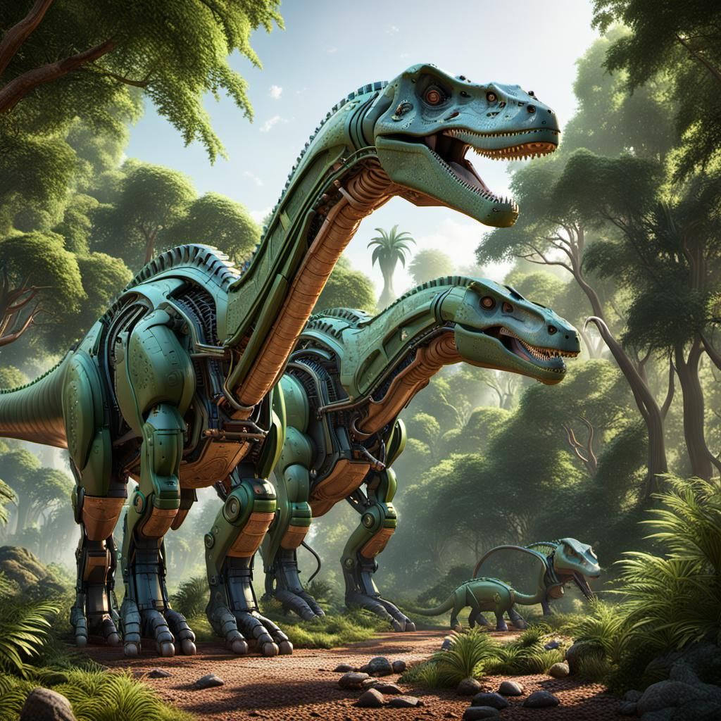 Photorealistic image of  2 mechanical Argentinosaurus in a n...